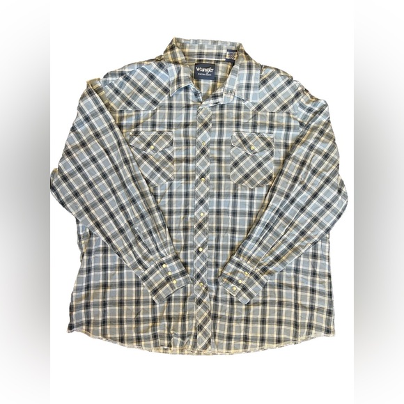 NWOT Wrangler Blue and White Plaid Pearl Snap Button Shirt Mens Size XXL Western - Picture 1 of 6